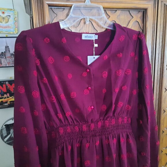 Button Down Smocked Swiss Dot Ruffle Tiered Boho Maxi Dress NWT! - Wine/Red, S - Picture 3 of 16